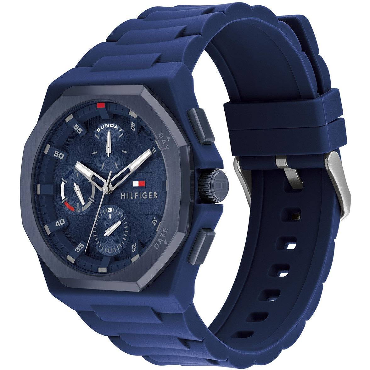Tommy Hilfiger TH1792122 NEO herenhorloge 44mm met blauwe siliconen band en sportieve wijzerplaat, ideaal voor dagelijks en zakelijk gebruik.