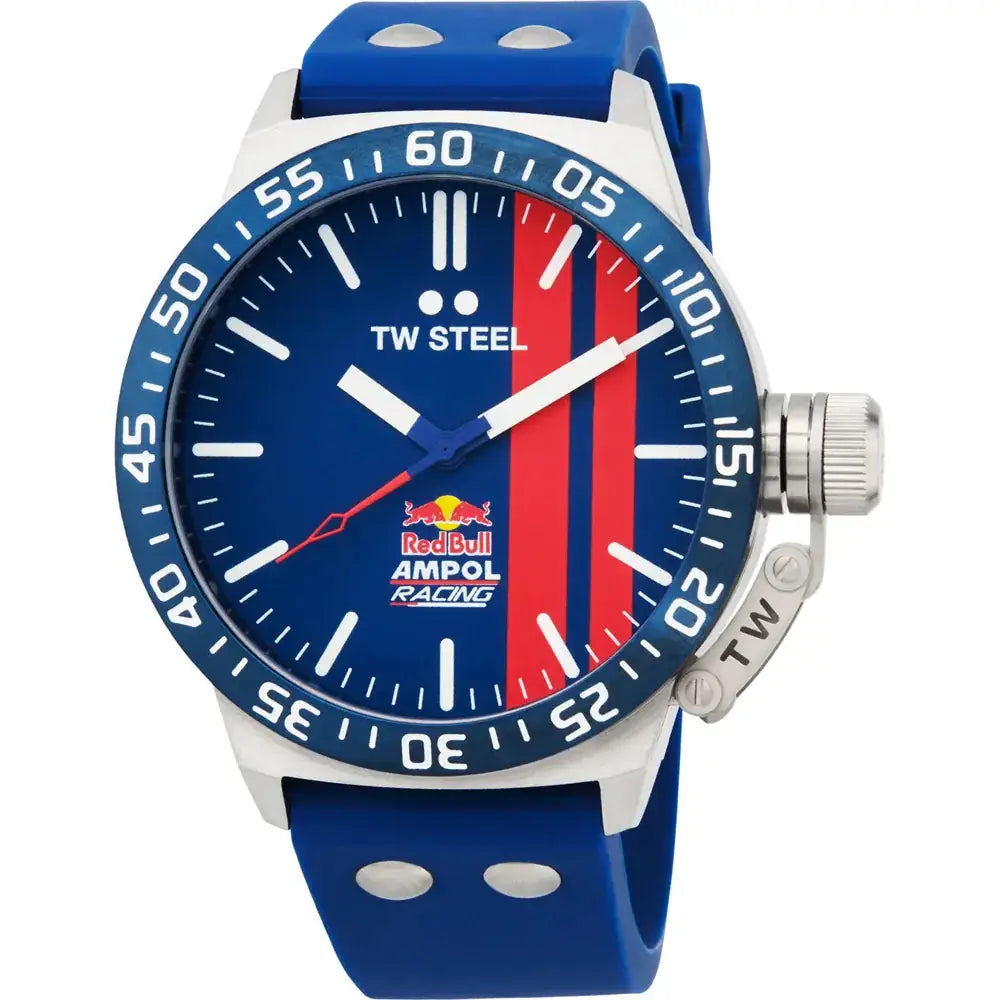 TW Steel Canteen Horloge - Herenhorloge 45mm met blauw-rode wijzerplaat, Red Bull Ampol Racing logo en blauwe siliconen band.