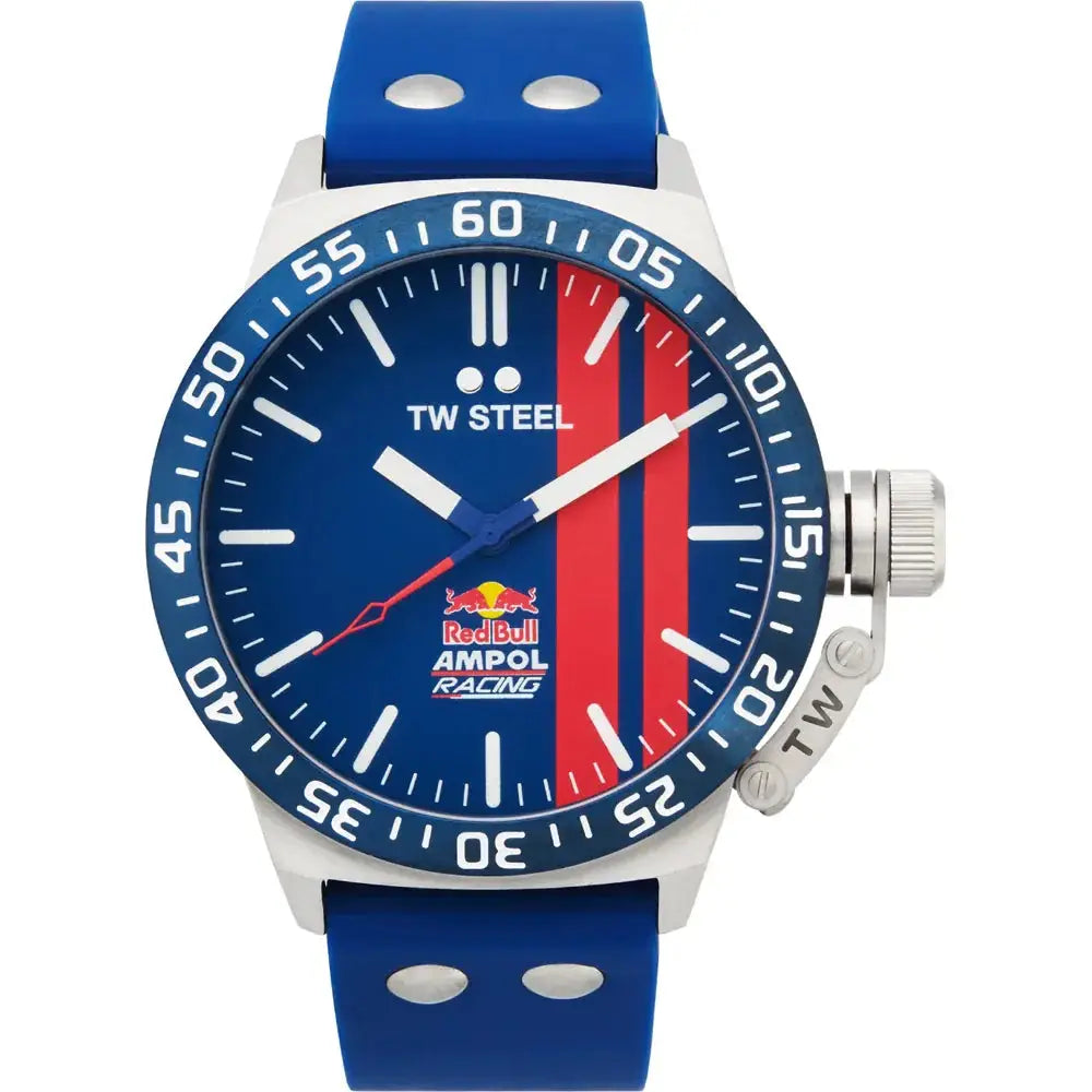 TW Steel Canteen Horloge - Herenhorloge 45mm met blauwe siliconen band en Red Bull Ampol Racing wijzerplaat, sportief en robuust ontwerp.