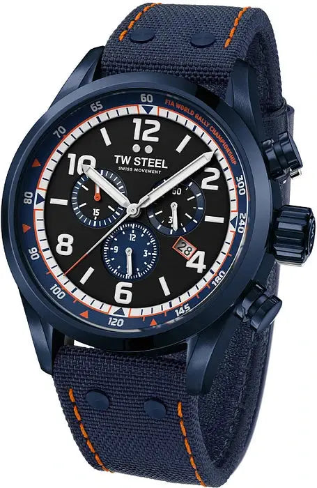 TW Steel SVS312 Fast Lane WRC Limited Edition herenhorloge 48mm met zwart-blauwe kast, chronograaf en oranje accenten op leren band.