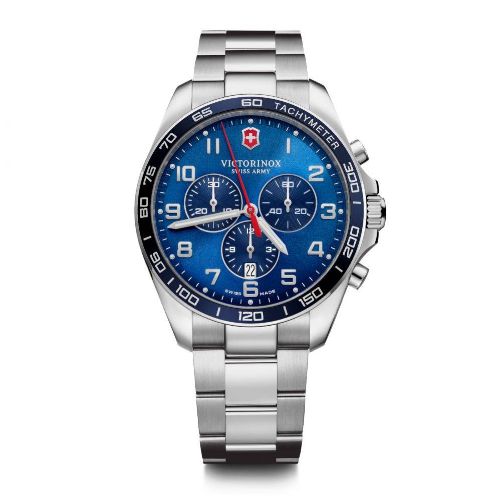Victorinox Fieldforce 241901 Horloge 42mm met blauwe wijzerplaat en chronograaf, herenhorloge met roestvrijstalen band. Swiss Made kwaliteitshorloge.