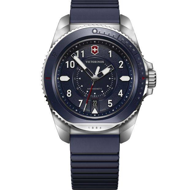 Victorinox Journey 1884 Herenhorloge 242975 met blauwe wijzerplaat en rubberen band, 43mm kast, waterdicht tot 20 ATM, Swiss Made design.