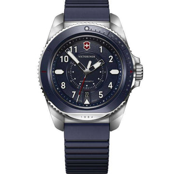 Victorinox Journey 1884 Herenhorloge 242975 met blauwe wijzerplaat en rubberen band, 43mm kast, waterdicht tot 20 ATM, Swiss Made design.